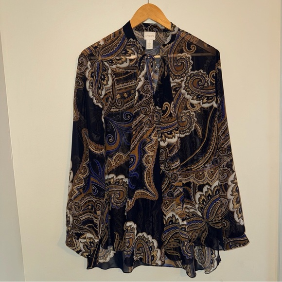 Chicos Black Tan Blue Paisley Long Sleeve Sheer Tie Neck Ruffle Shirt 2 L 12 - Picture 1 of 11